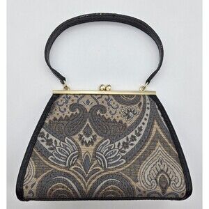 Liz Claiborne Paisley Jacquard 8x6 Black Beige Kiss Lock Frame‎ Mini Handbag